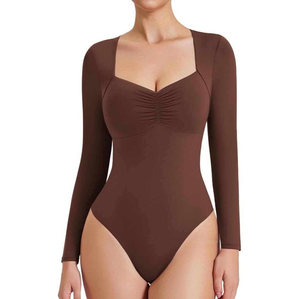 Women's Neckline Sexy Dark Brown Bodysuit Sweetheart Long Sleeve Double Tops